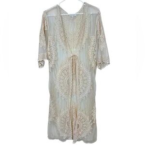 Cream lace topper beach coverup, robe, Medium, embroidered Boho Festival